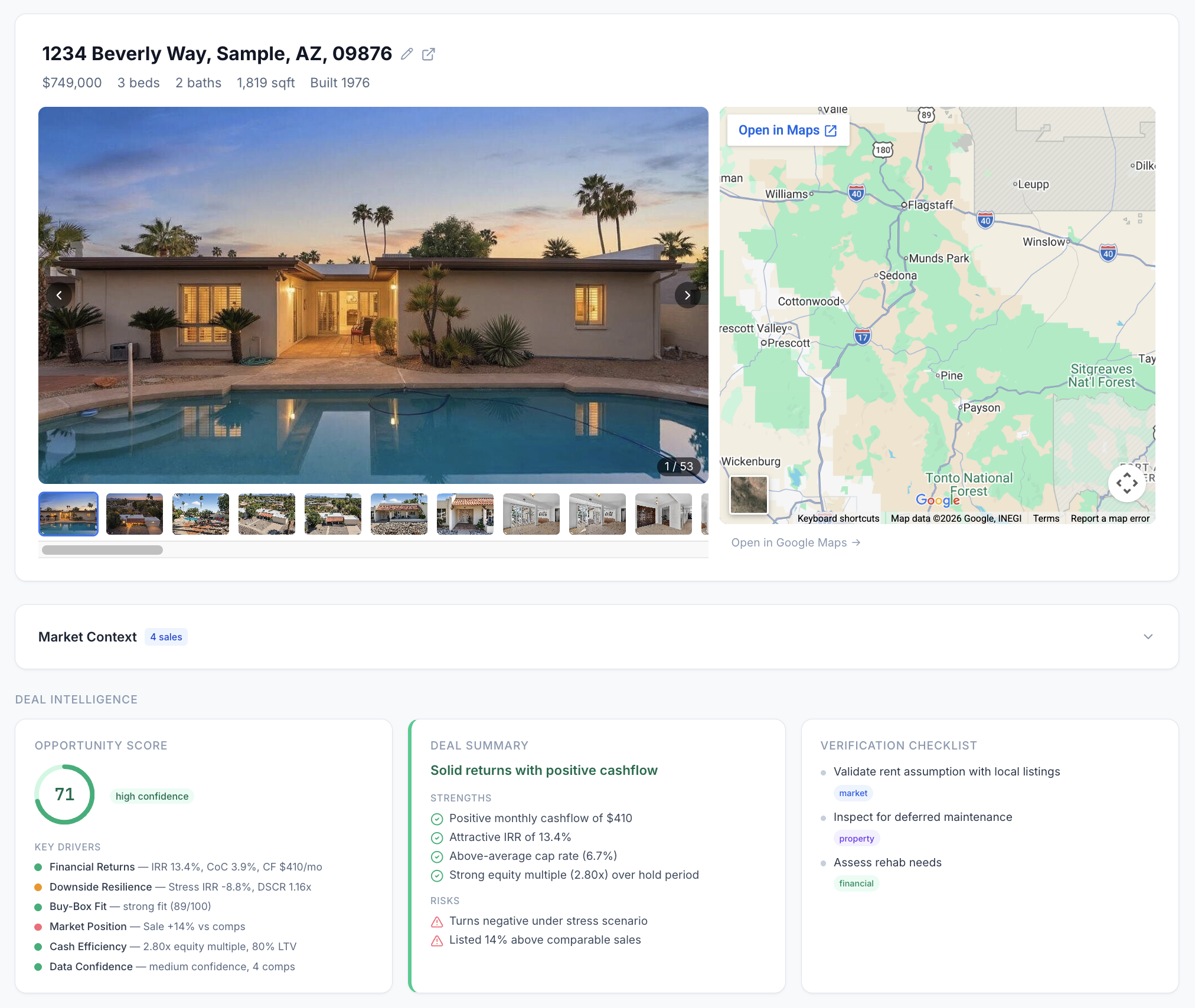 StreetGauge deal screening workspace with listing import, executive summary, and core metrics